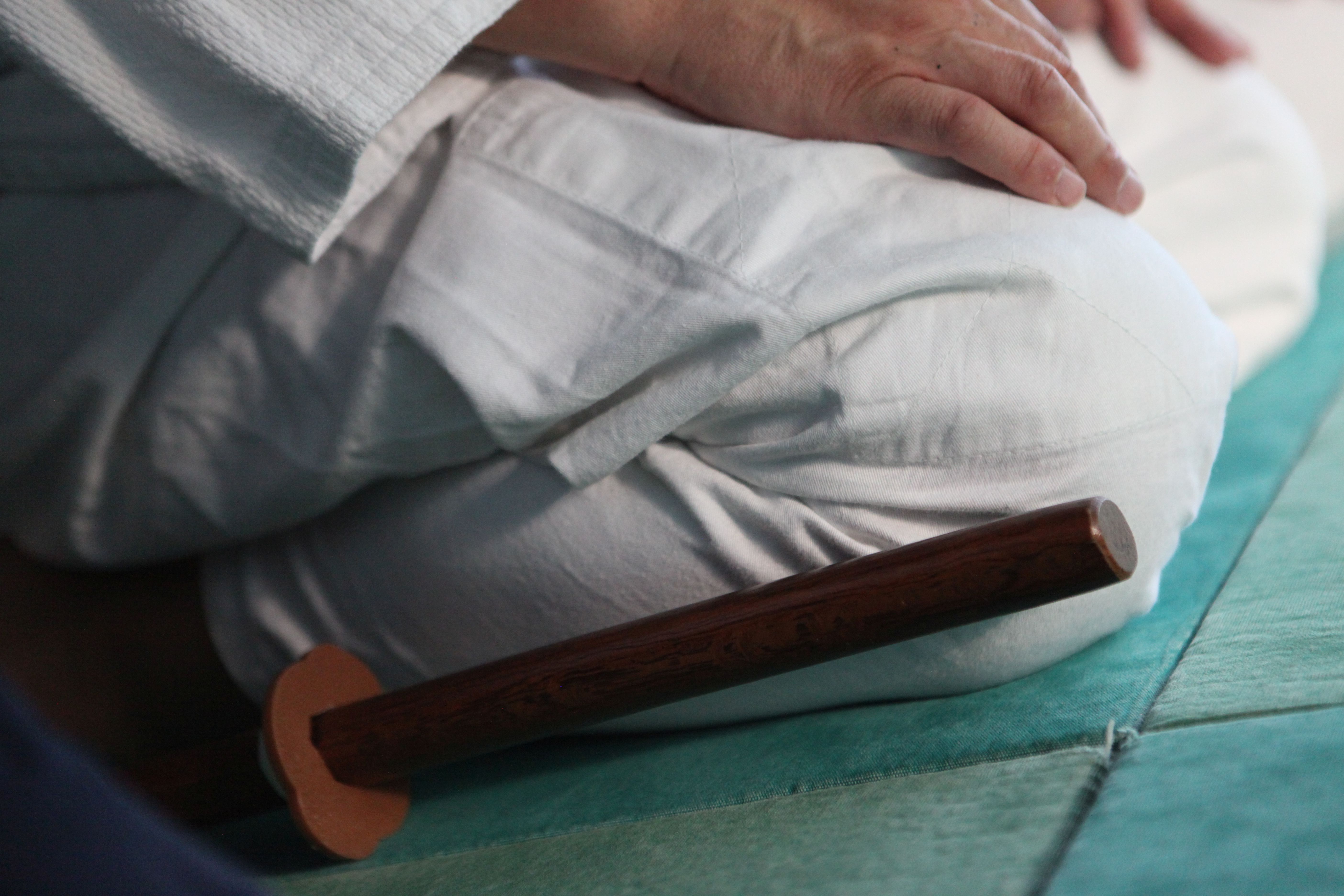 Ein Aikidoka sitzt auf Knien mit Schwert auf seiner linken Seite