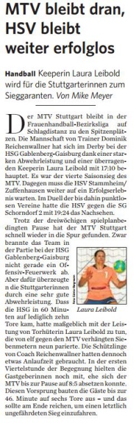 MTV Stuttgart 1843 e.V. - MTV bleibt dran, HSV bleibt weiter erfolglos