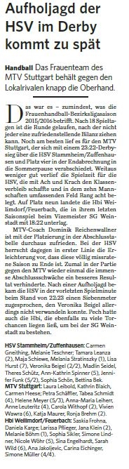 MTV Stuttgart 1843 e.V. - Aufholjagd der HSV im Derby kommt zu spt